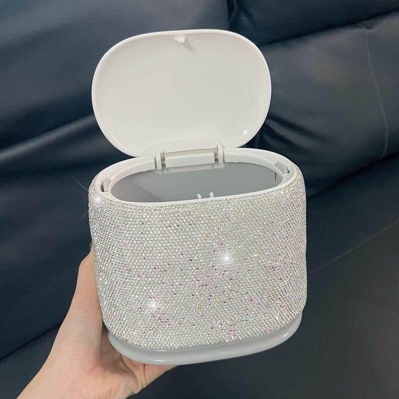 镶钻家用桌面带盖垃圾桶高颜值按压式大容量办公卧室收纳桶 奢华