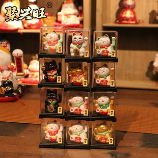 日式 喵咪可爱摇手工位解压 太阳能招财猫自动招手迷你小猫摆件盒装