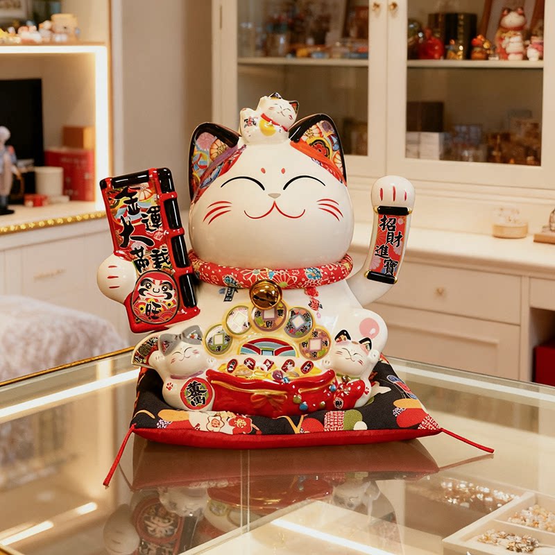 招财猫大码装饰玩偶酒柜招财摆件新款自动招手发财猫陶瓷摇手礼品