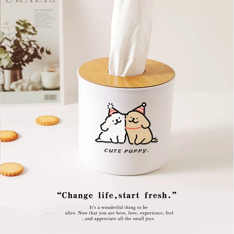 线条小狗卷纸架客厅木质圆形纸巾盒卷纸筒桌面R可爱卷筒纸收纳盒