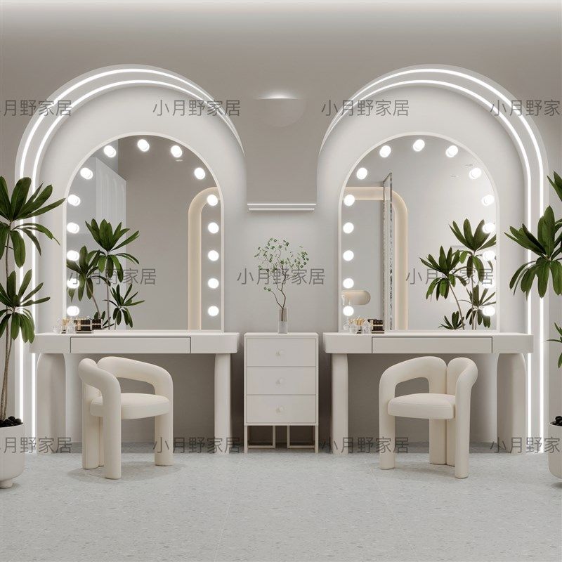 奶油风婚纱店专用带灯化妆台高级影楼工作室美容院W彩妆专业梳妆