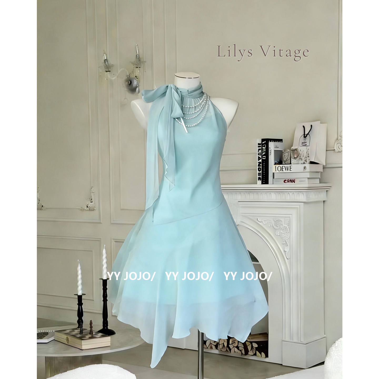 法式蓝色挂脖无袖背心连衣裙女夏季纯欲千金风收腰显瘦a字裙短裙