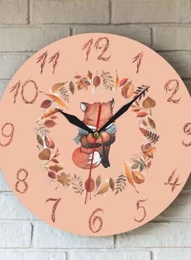 水彩画秋日花环和坐着郁闷的狐狸亚克力时钟动物装饰挂钟墙钟跨境