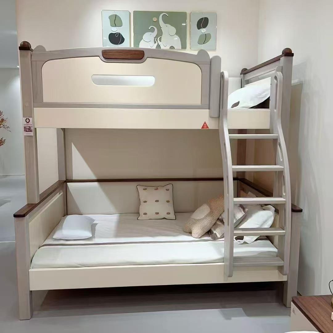 奶油风实木儿童上下床高低床上下铺双层床简约小户型多功能子母床