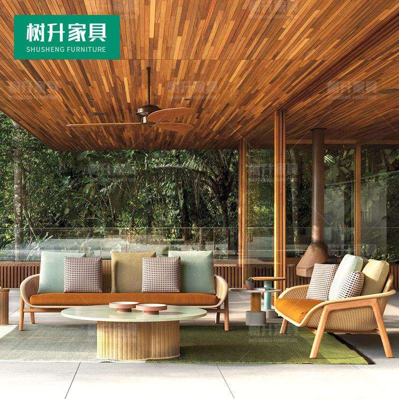 户外藤编沙发阳光房休闲庭院藤椅露天花园柚木藤室外三人组合家具