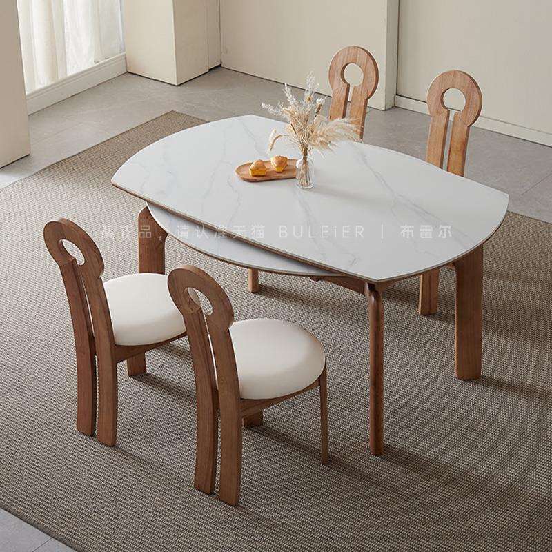 法式复古伸缩岩板伸缩餐桌小户型中古风实木可折叠圆桌方桌