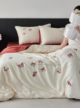 春夏凉感莱赛尔四件套唯美蝴蝶刺绣床笠1.2m丝滑被套三件套白红色