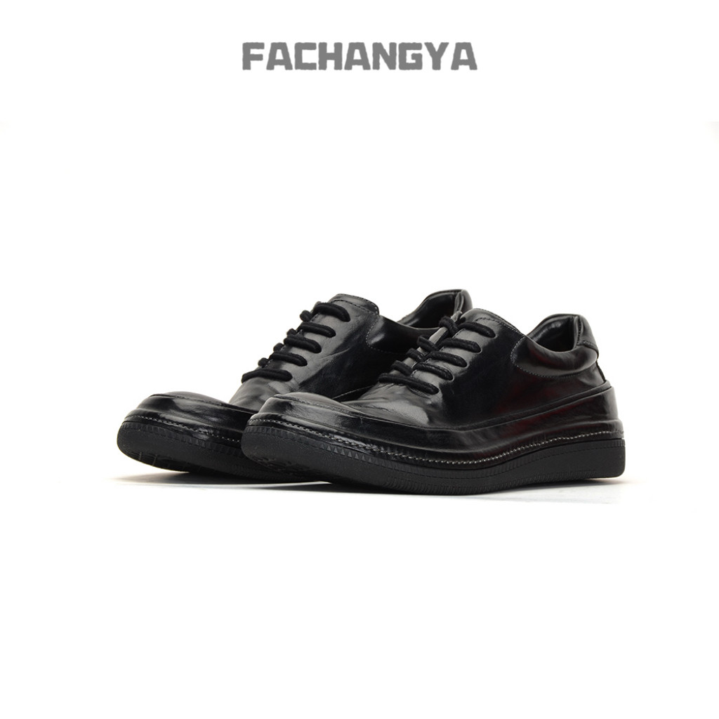 FACHANGYA黑色休闲板鞋系带手工鞋水洗鞋马皮鞋透气男鞋时尚男鞋