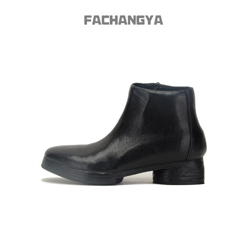 FACHANGYA厚底黑色四季马皮短靴圆头切尔西靴素面短筒侧拉链男鞋