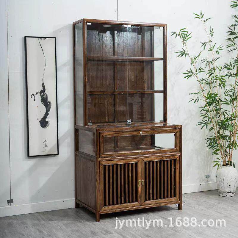 老榆木长方形珠宝展示柜新中式首饰柜商店货柜榆木家具储物玻璃柜