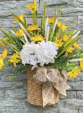 前门花环门挂篮悬挂奶油绣球花春花卉人造春夏花篮挂饰家居装饰品