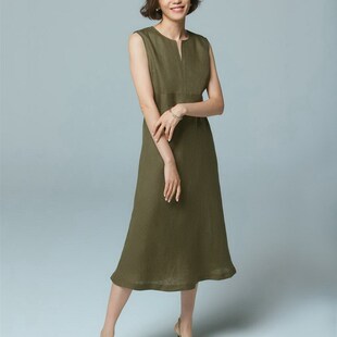 2.1W+稀罕高端 【液氨全亚麻】植物染色气质竖条纹长款收腰连衣裙