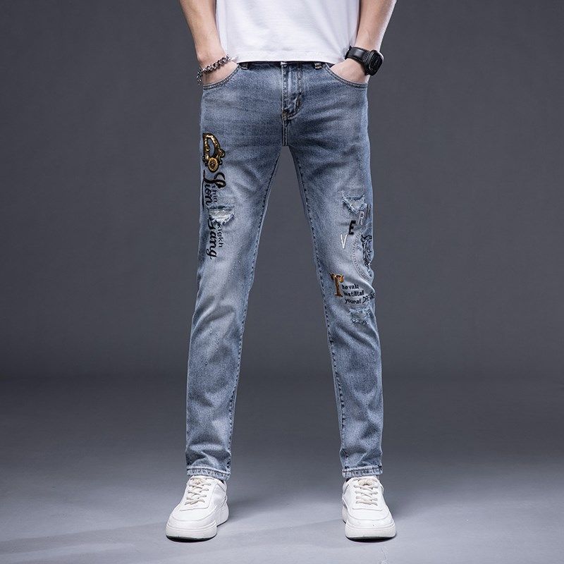 春季高端破洞补丁牛仔裤男士刺绣修身小脚韩版潮流个性印花长裤子