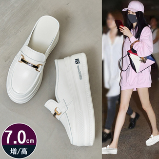 外穿厚底增高7cm懒人半托单鞋 春夏时尚 女2022新款 真皮包头半拖鞋
