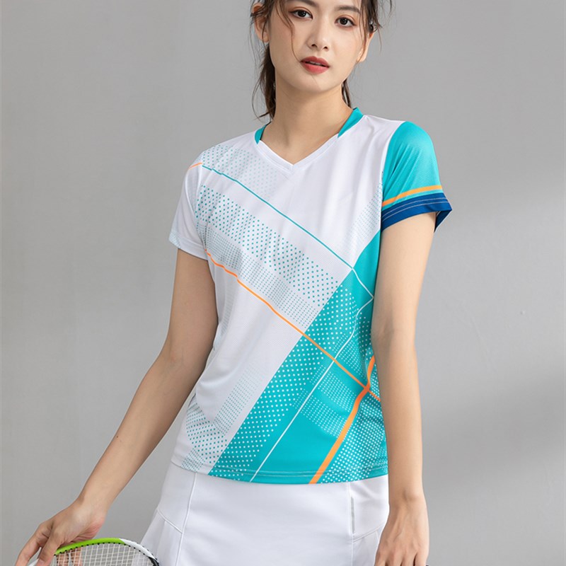 V领速干t恤女式夏季透气吸汗弹力羽毛球制服短袖男式速干服装户外