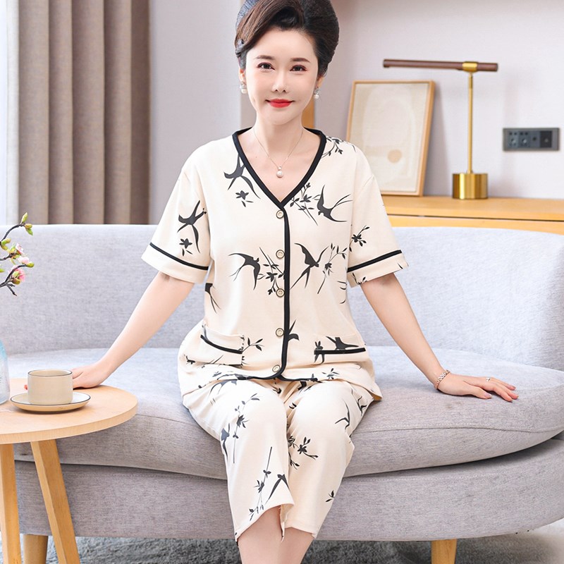 中年妈妈夏季睡衣薄款纯棉短袖七分裤老年人妇女士开衫家居服夏天