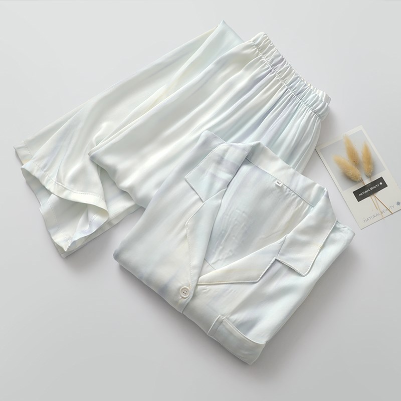 高级感条纹睡衣女棉绸春夏长袖开衫简约人造棉家居服套装可外穿薄