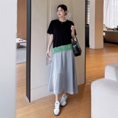 高级感拼接短袖 显瘦长裙子潮 过膝宽松大码 T恤连衣裙女夏季 加长款