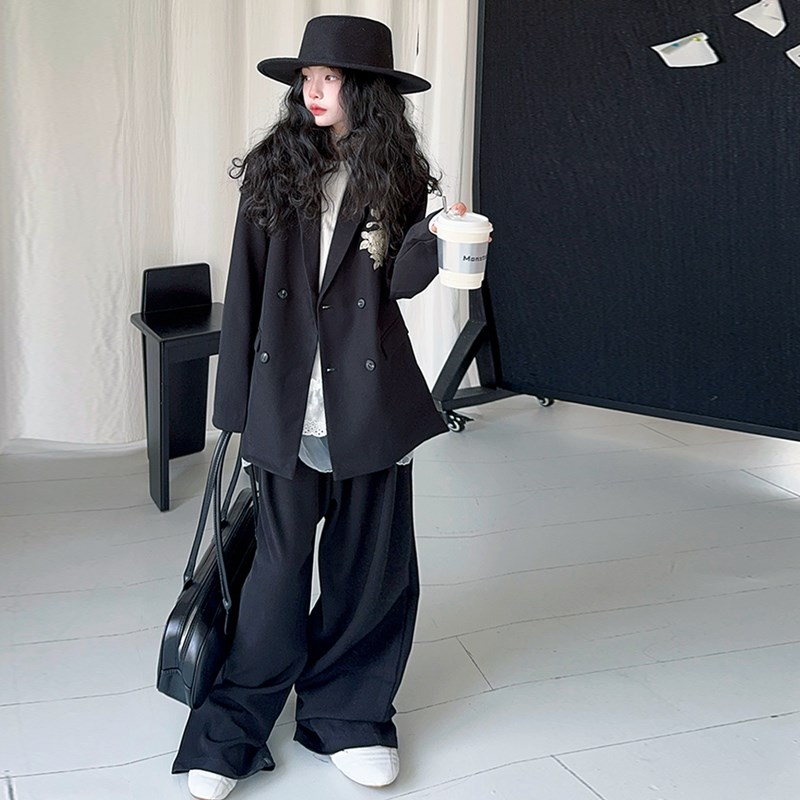 女童西装套装春秋儿童复古新中式刺绣玫瑰斜襟双排扣休闲西服外套