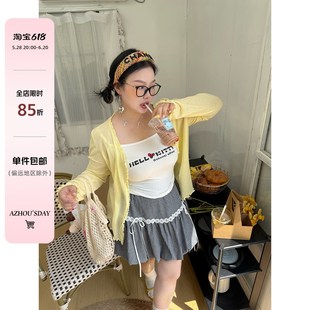 胖MM薄款 阿周家大码 女夏季 3色针织开衫 休闲凉感花边上衣 微胖女装