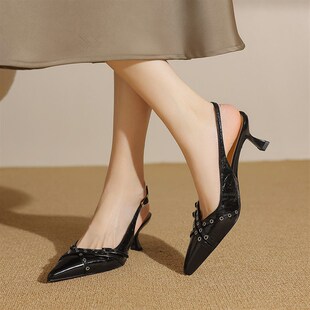 5cm~黑色铆钉高跟鞋女细跟夏季2025新款法式气质中跟尖头包头凉鞋