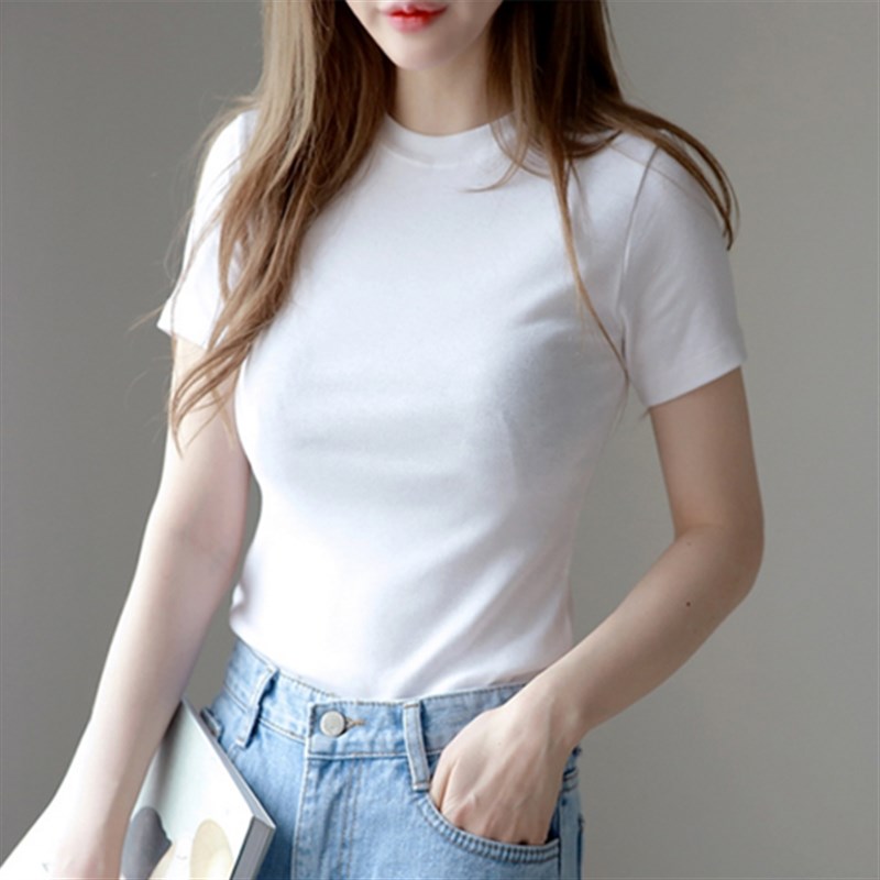 纯白色小圆领短袖t恤女夏季纯棉韩版修身显瘦打底衫学生紧身上衣
