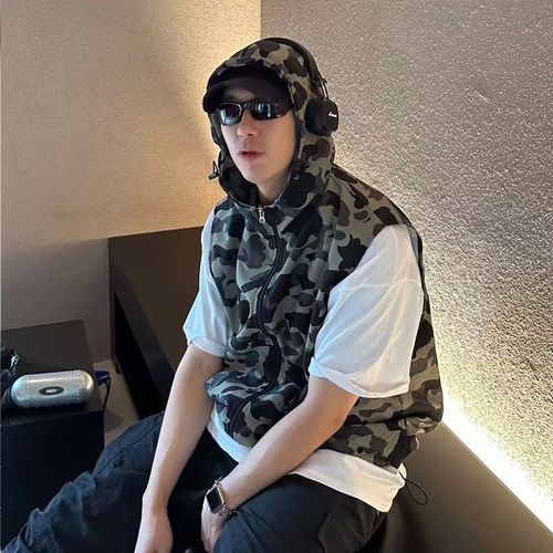 加大码300斤潮牌休闲男装无袖马甲外套迷彩百搭连帽拉链情侣背心2