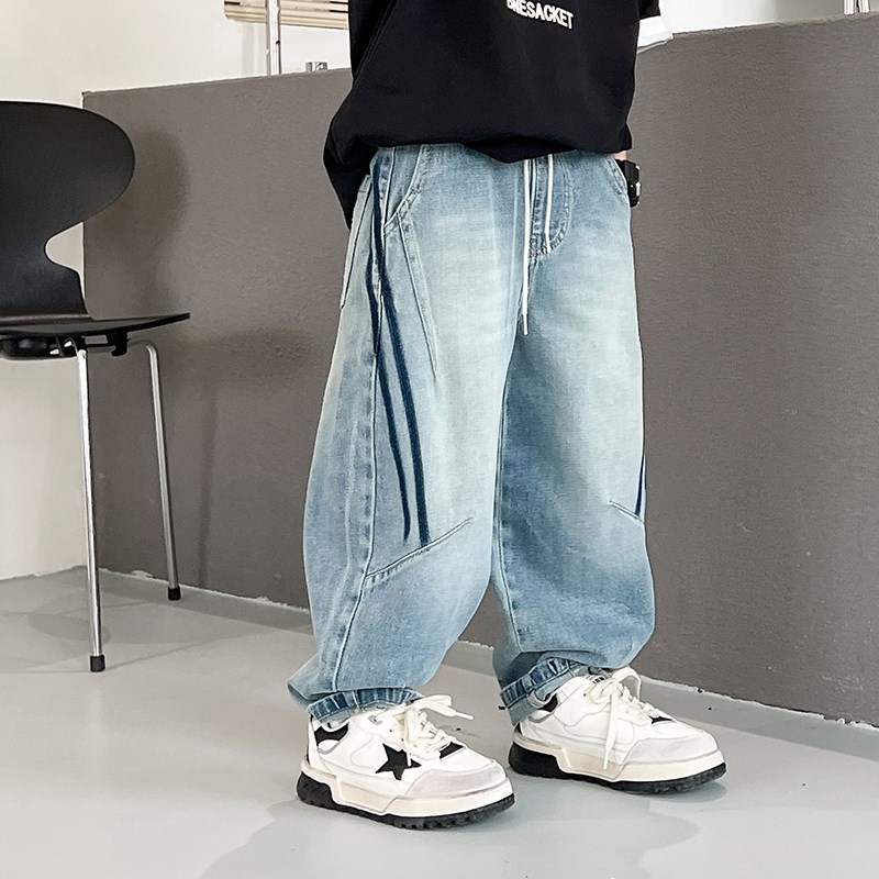 儿童个性双侧条水洗浅蓝牛仔裤春秋款长裤男童休闲裤2025新款童装