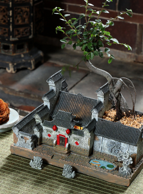 中式徽派建筑模型文竹盆景植物桌面盆栽微景观造景微缩老房子摆件