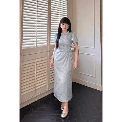 月半【蓝鸢】新中式复古改良旗袍女夏季暗纹提花短袖连衣裙鱼