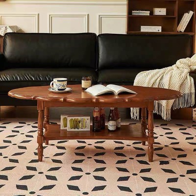 复古法式实木双层茶几小户型客厅2024新款设计高级感艺术花瓣矮桌