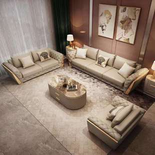 现代轻奢高端轻奢客厅123人组合沙发四人位沙发拉扣纳帕皮沙发