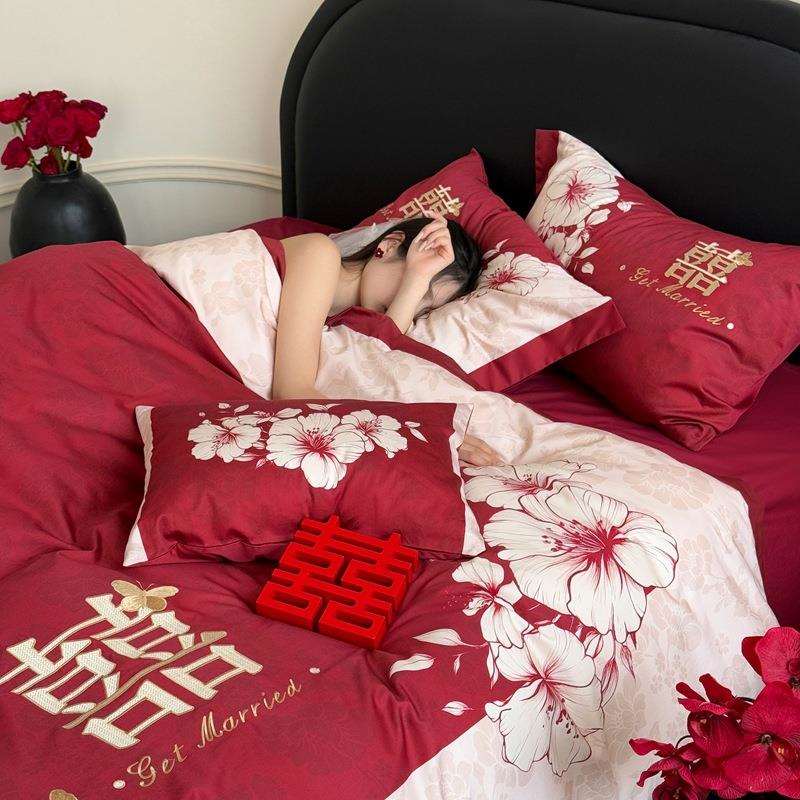 轻奢高端风新款100长绒棉纯棉数码印花刺绣婚庆结婚四件套-相思意