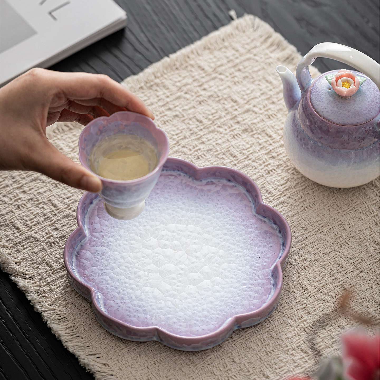 结晶釉花边壶承窑变陶瓷茶壶垫防烫隔热壶托家用茶具配件杯垫托盘
