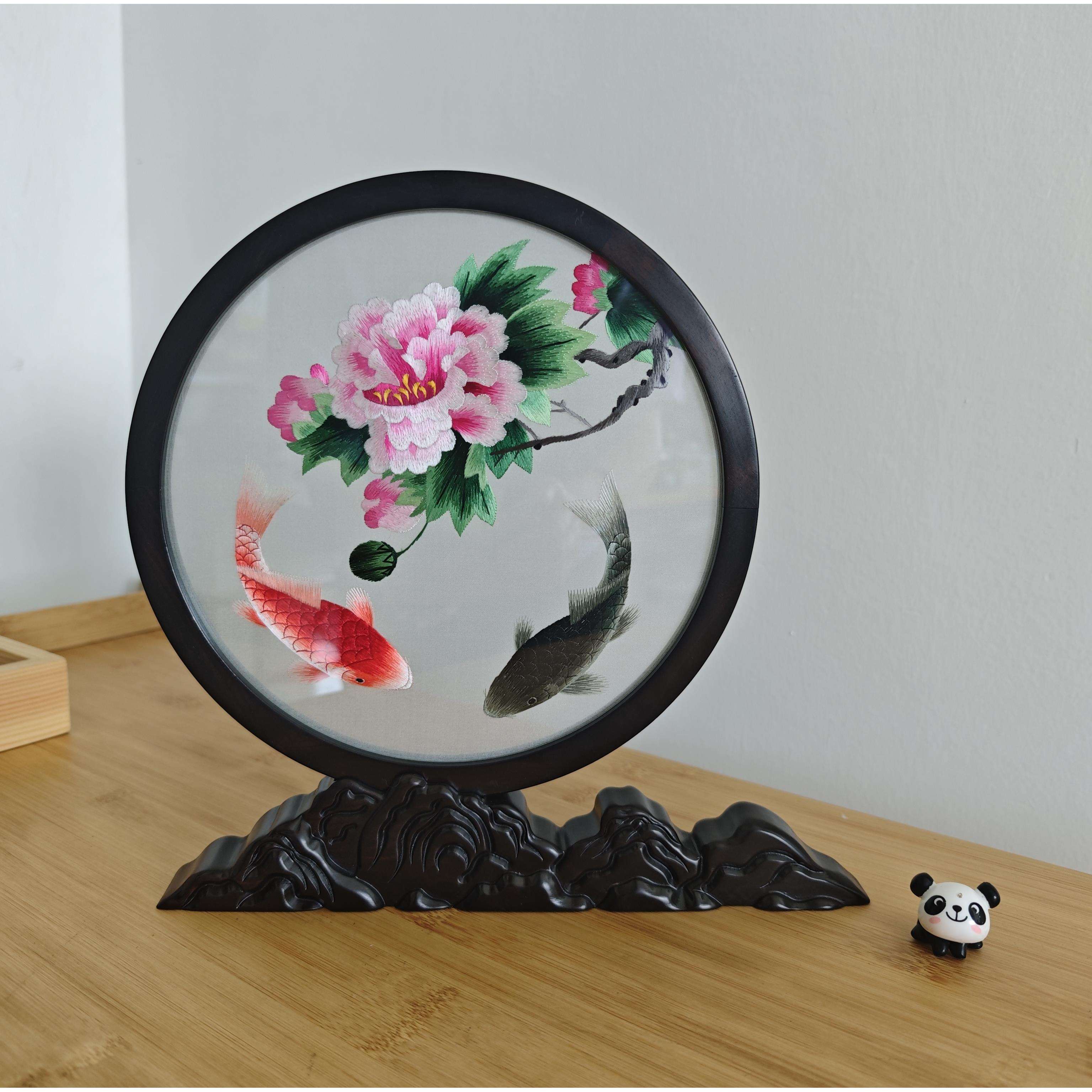 蜀绣刺绣复古摆件创意绣花手工艺品双面绣锦鲤摆件