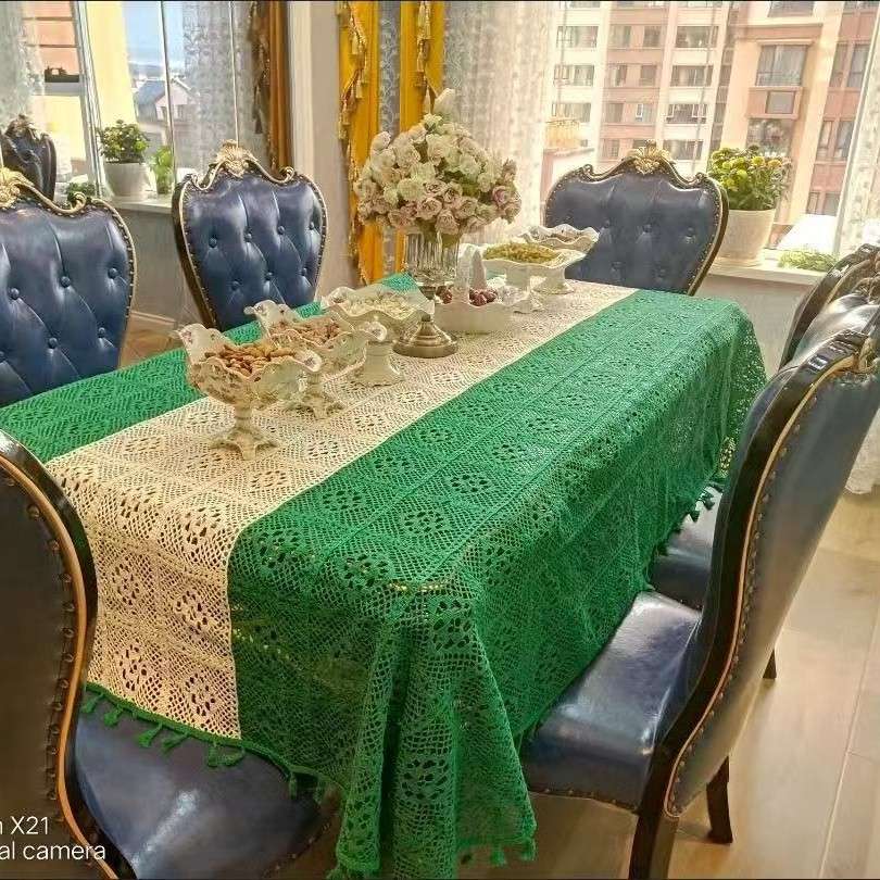 新款长方形田园餐桌桌布米方格拼绿色美式盖巾复古镂空蕾丝茶几