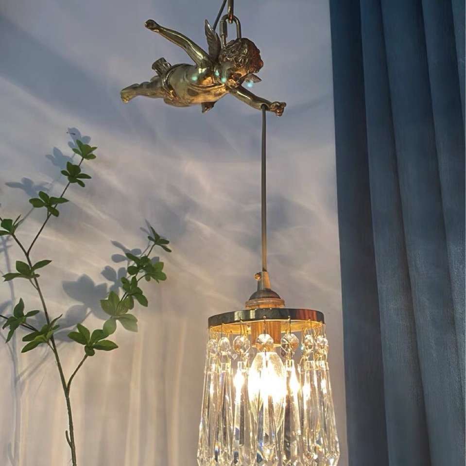法式吊灯全铜复古天使水晶灯卧室床头Vintage中古餐厅玄关小吊灯