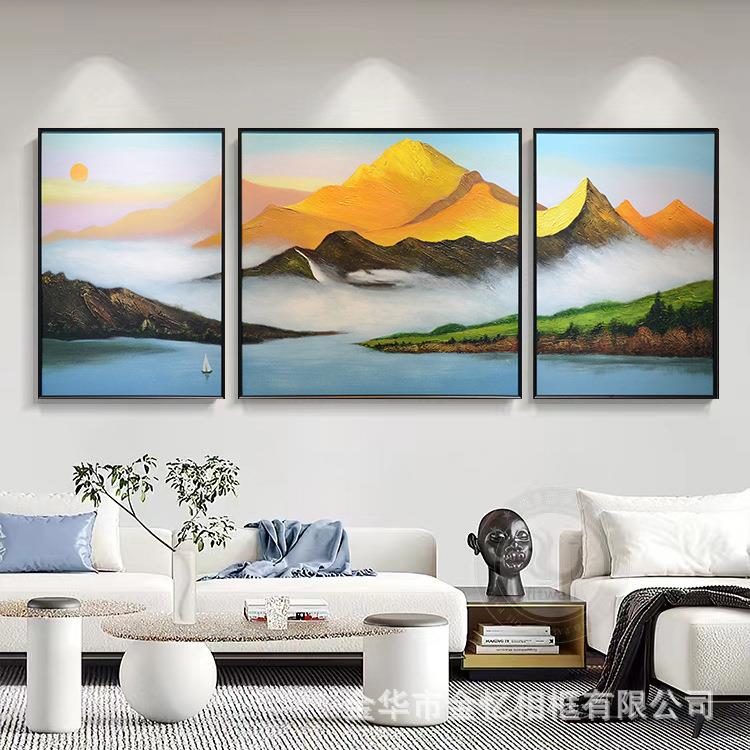 纯手绘日照金山聚宝盆花海丰收风水油画客厅三联风景装饰画新中式