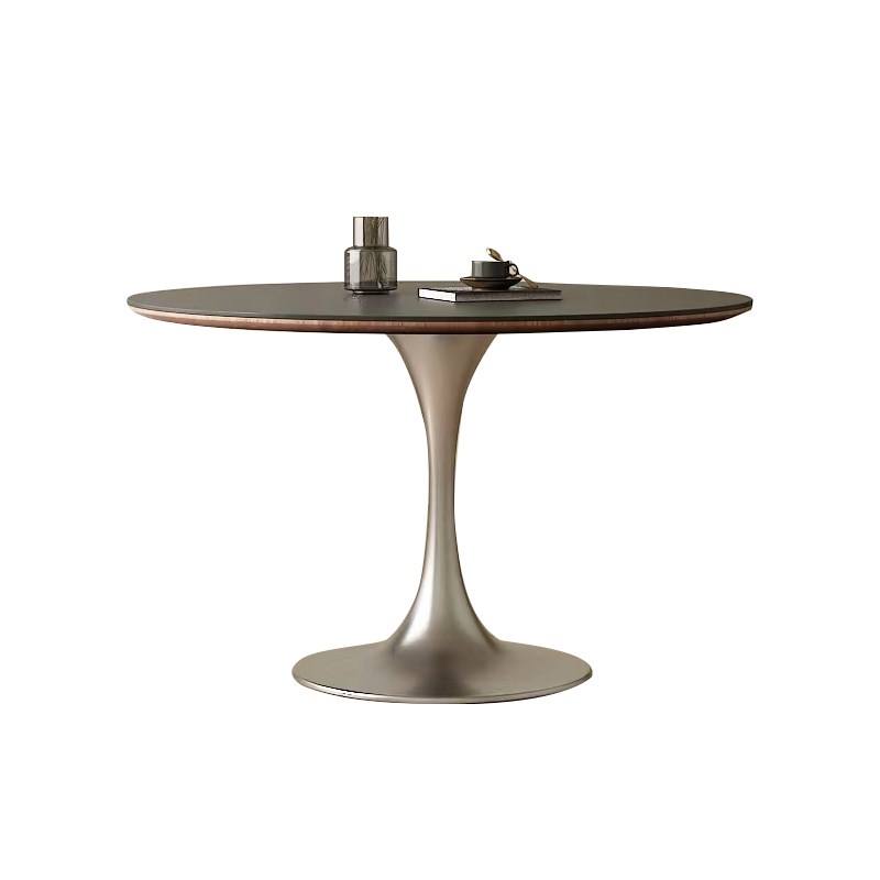 洞石岩板圆形餐桌家用小户型郁金香不锈钢简约中古风餐.厅圆桌饭