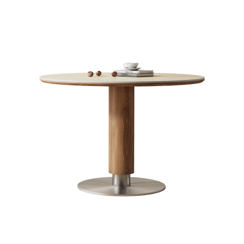 途远实木洞石岩板餐桌简约餐厅纯白圆形饭桌家Q用小户型圆桌洽谈