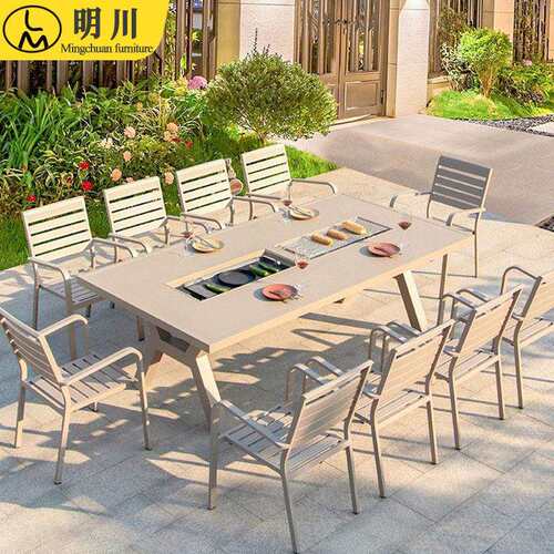 户外桌椅电碳两用铸铝家用BBQ烧烤室外庭院露天花园铁艺长餐桌椅