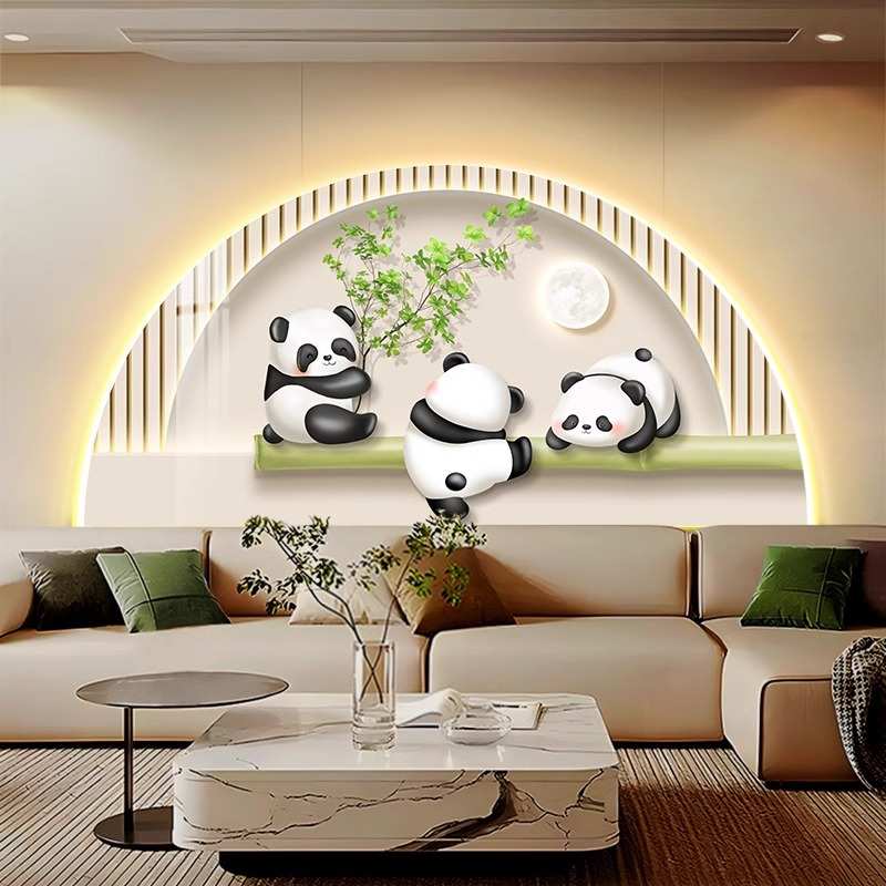 奶油风客厅装饰画现代简约电视背景墙灯画半圆创意熊猫沙发挂画