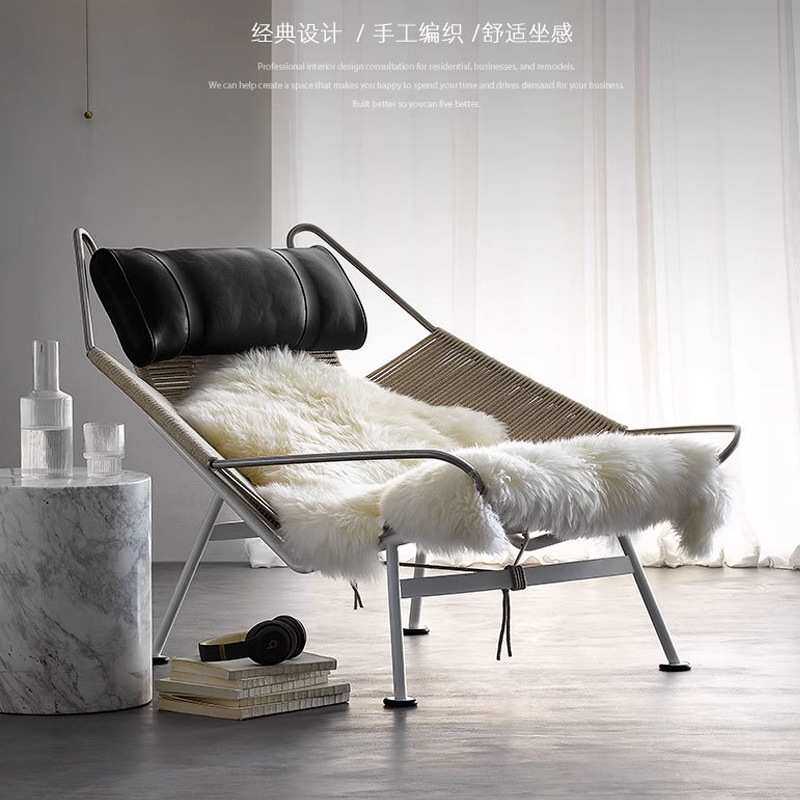 丹麦设计师侘寂风躺椅椅中古旗绳创意休闲椅极简手工编织坐椅单椅