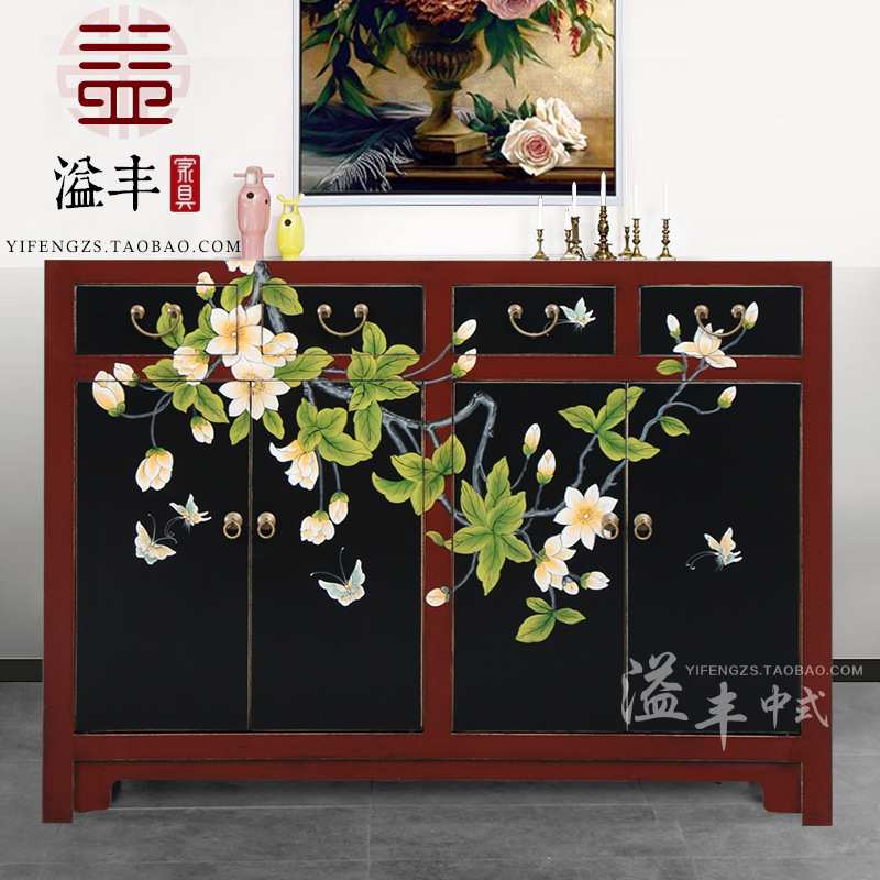 乡村中式复古彩绘四门鞋柜储物柜新古典玄关鞋柜实木门厅柜餐边柜