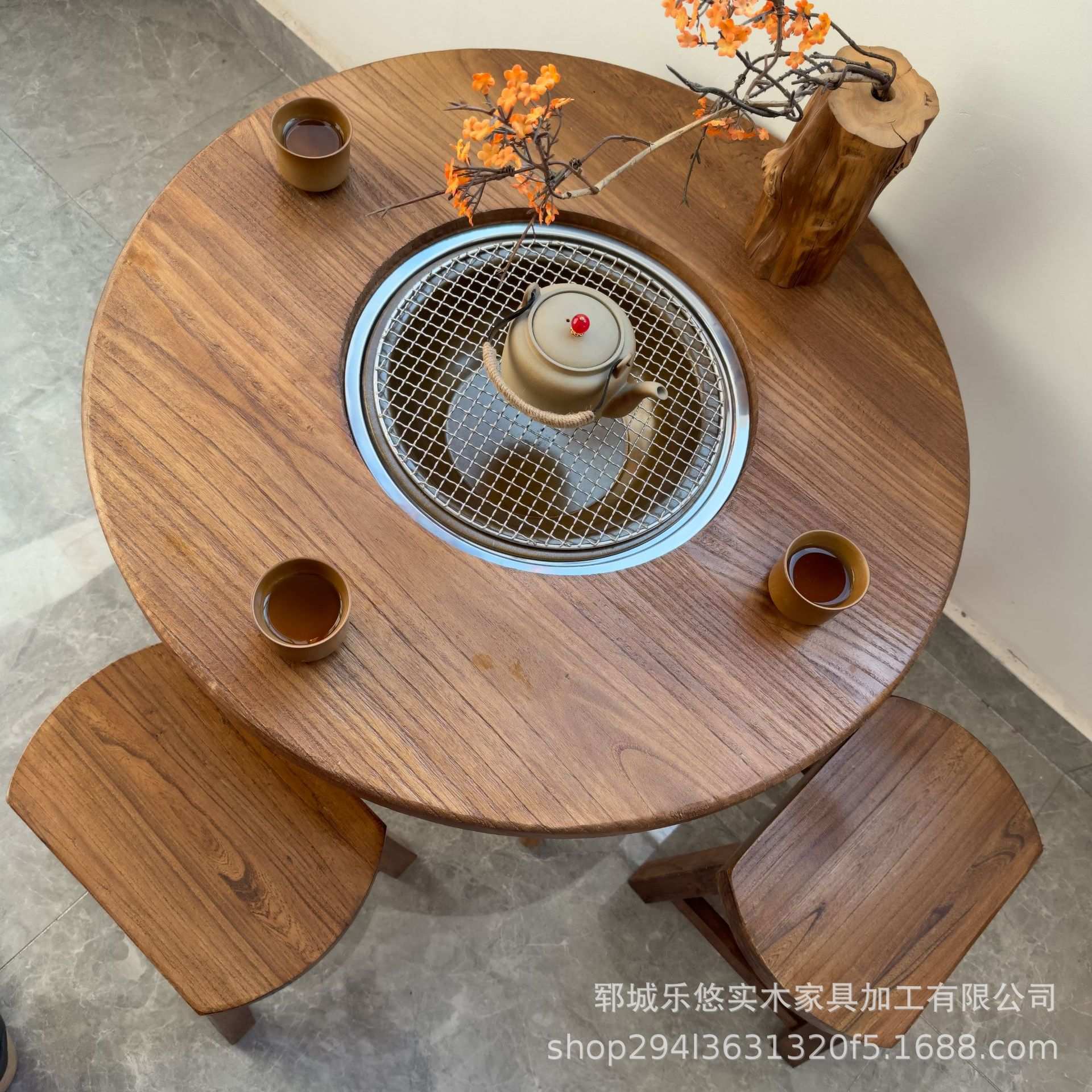 家用老榆木煮茶小圆桌户外围露营榆木围炉桌网红老榆木火锅桌