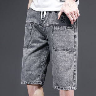 六口袋薄款大码七分牛仔短裤男松紧腰2022夏季新款休闲裤半截中裤