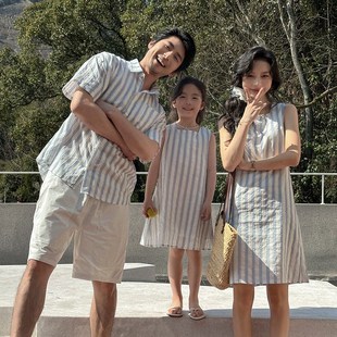 韩系男女童亲子装夏天一家三司空母女装条纹背心连衣裙兄妹套装