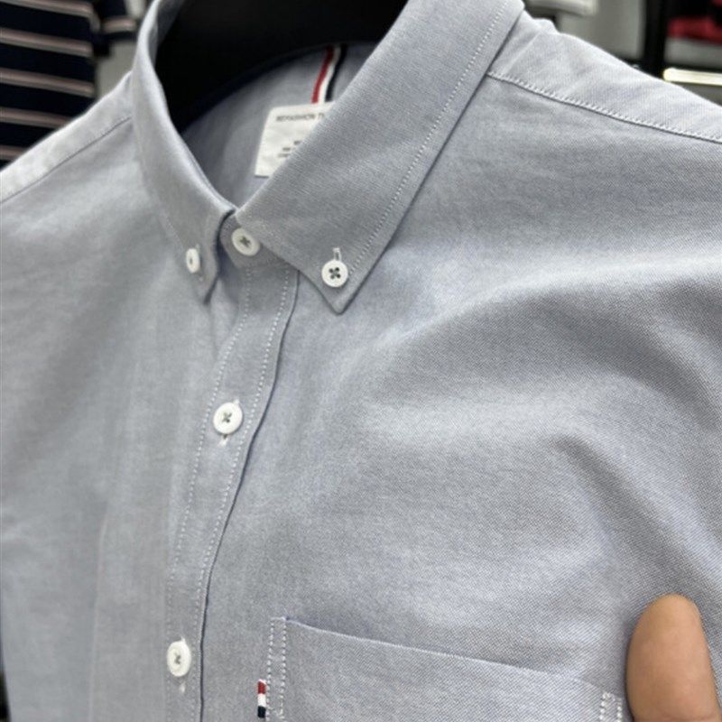 纯棉真口袋短袖衬衫男翻领夏季中年男士商务休闲牛津纺衬衣爸爸装