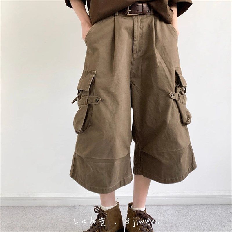 日系复古中性工装七分裤男女夏季多口袋美拉德休闲裤户外阔腿短裤,男装,短裤,淘宝优惠券,粉丝福利购,淘宝优惠卷