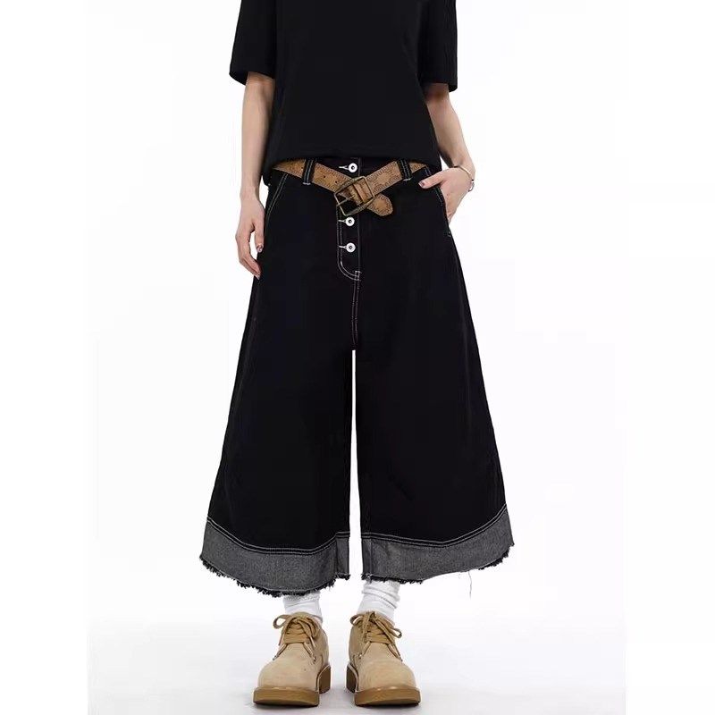 美式复古黑色明线毛边牛仔七分短裤男夏季高级感宽松直筒阔腿中裤,男装,休闲裤,淘宝优惠券,粉丝福利购,淘宝优惠卷